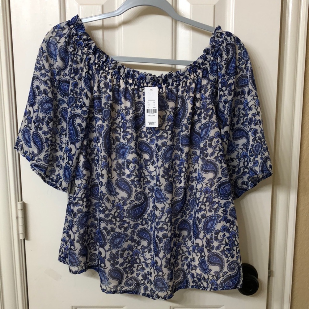 Blue and white paisley off the shoulder shirt